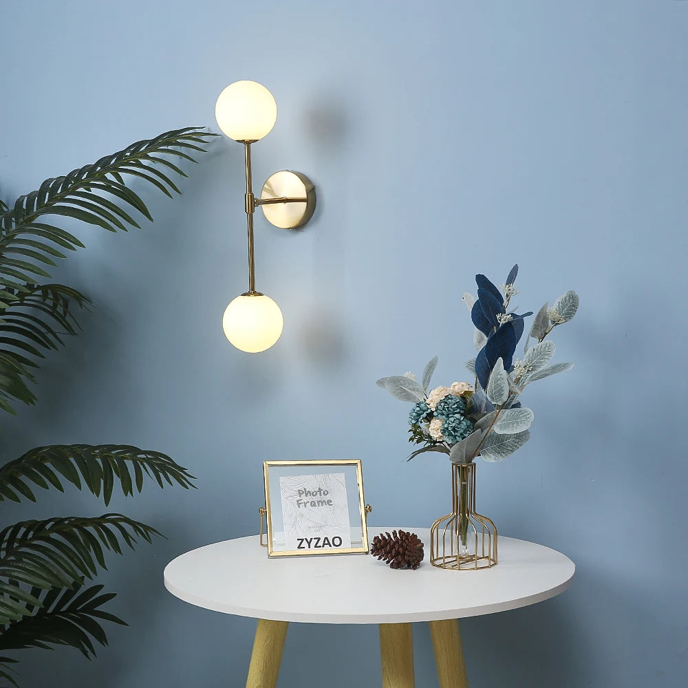 Modern Led Wall Lamp Nordic creative bedroom living room aisle stair bedside lamp Milky Glass Round Ball Gold  Wall Sconce Decor