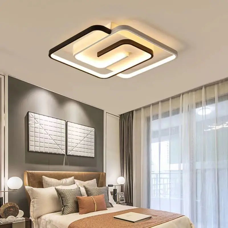 Bedroom Led Chandelier Light Black White Square Modern Ceiling Lamp Attic Living Room Dining Kitchen Interior