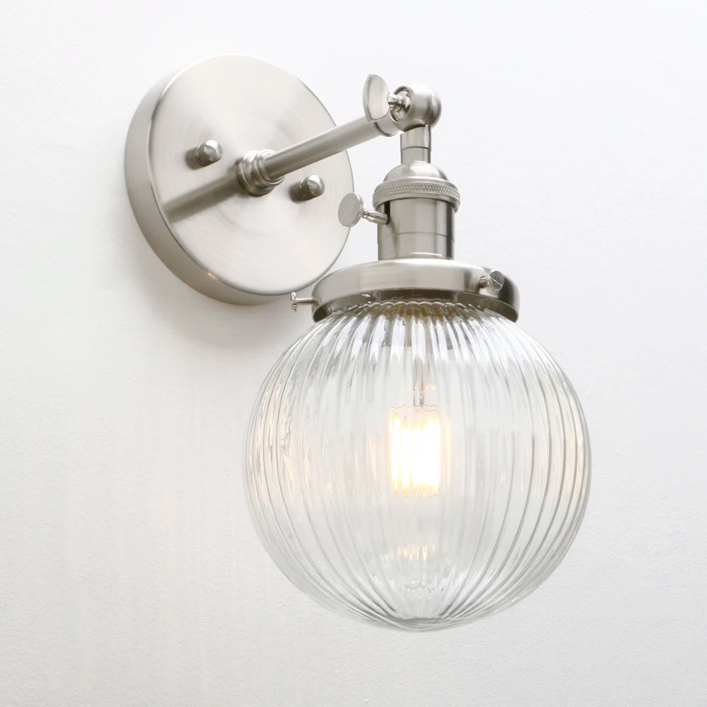 Industrial Wall Sconce Lighting Fixture with Mini 5.9" Round Clear Globe Ribbed Glass Shade (Chrome)