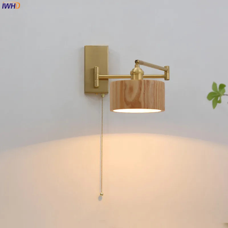 Left Right Rotate LED Wall Lamp Sconce Pull Chain Switch Bedroom Bathroom Mirror Stair Light Wooden Lampshade Wandlamp