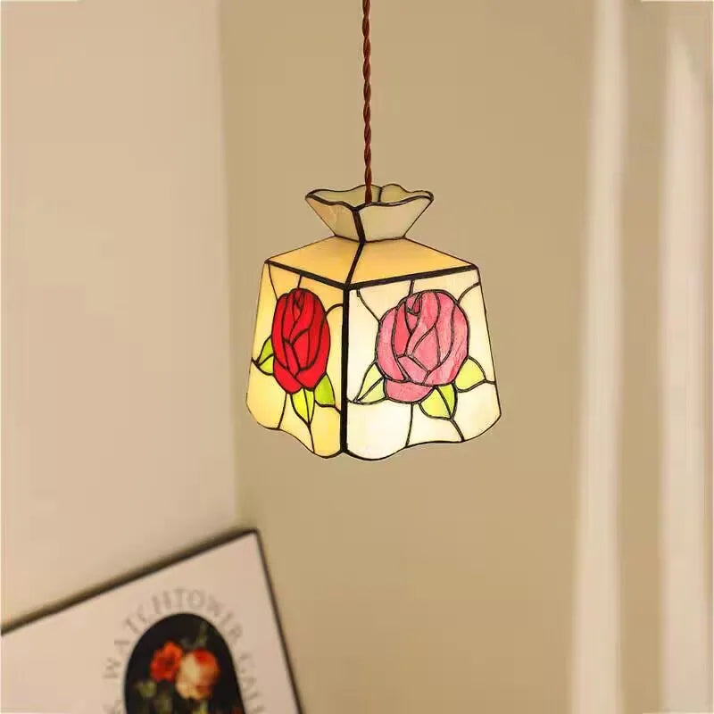 Rose Flower Glass LED Pendant Lamp Restaurant Kitchen Bedside Vintage Loft Style Brass E27 Adjustable Hanging Light Fixture