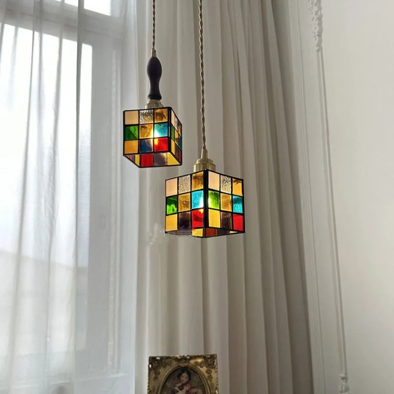 Cube Loft LED Pendant Lamp Restaurant Aisle Bedside Walnut Wood E27 Colorful Glass Hanging Light Fixture Lamparas Colgante