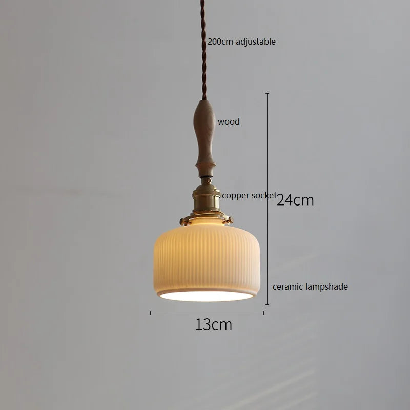 Japanese Style Copper LED Pendant Light Fixtures Ceramic Lampshade Wood Hangle Home Decor Simple Modern Hanging Lamp