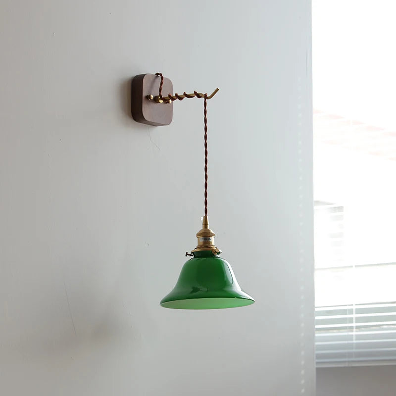 Walnut Canopy Green Glass LED Wall Light Fixtures Hardwire Pull Chain Swith Plug In Copper Home Indoor Beside Lamp Wandlamp