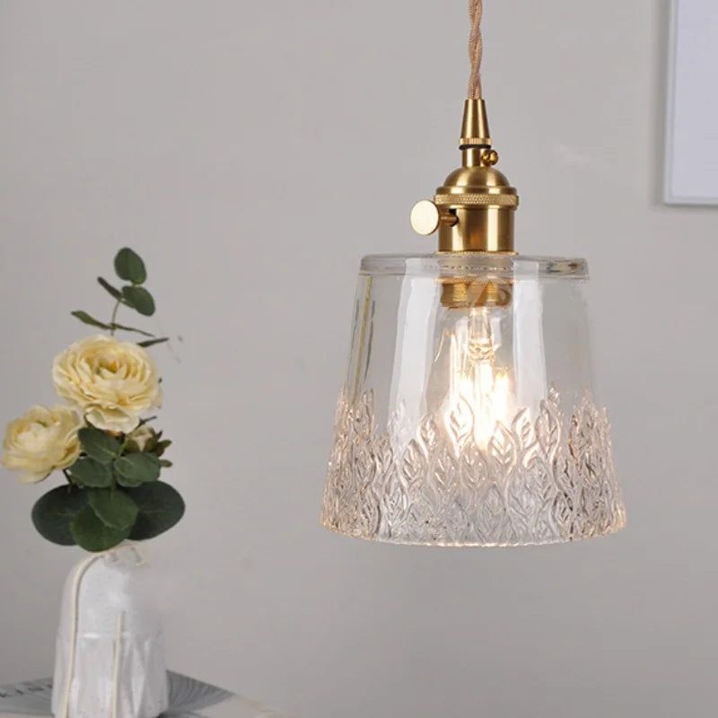 Clear Leaf Glass LED Pendant Lamp Copper Knob Switch Dining Room Lights Wire Adjustable Nordic Modern Kitchen Light Fixture