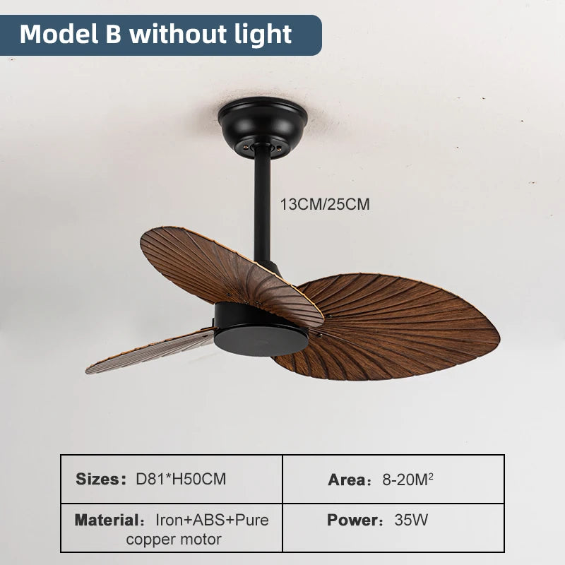 American Industrial Leaf Fan Light, Ceiling Fan for Living Room, Bedroom, Balcony, Frequency Conversion, Small Size