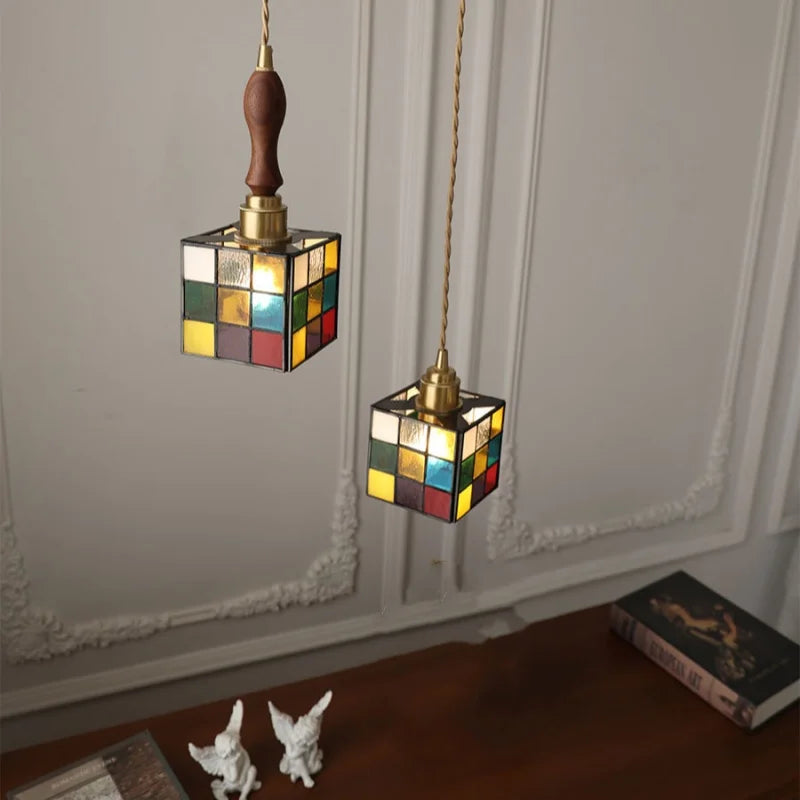 Cube Loft LED Pendant Lamp Restaurant Aisle Bedside Walnut Wood E27 Colorful Glass Hanging Light Fixture Lamparas Colgante