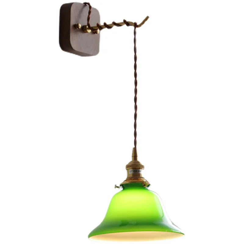 Walnut Canopy Green Glass LED Wall Light Fixtures Hardwire Pull Chain Swith Plug In Copper Home Indoor Beside Lamp Wandlamp