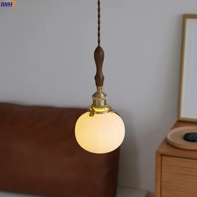 White Ceramic Ball LED Pendant Lights Fixtures Wandlamp Copper Socket Wood Handle Bar Living Room Bedroom Hanging Lamp