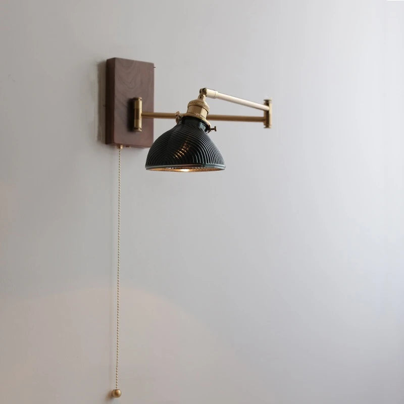 Pull Chain Switch LED Wall Light Sconce Fixtures Copper Arm Left Right Rotate Lampshade Up Down Green Glass  Beside Lamp