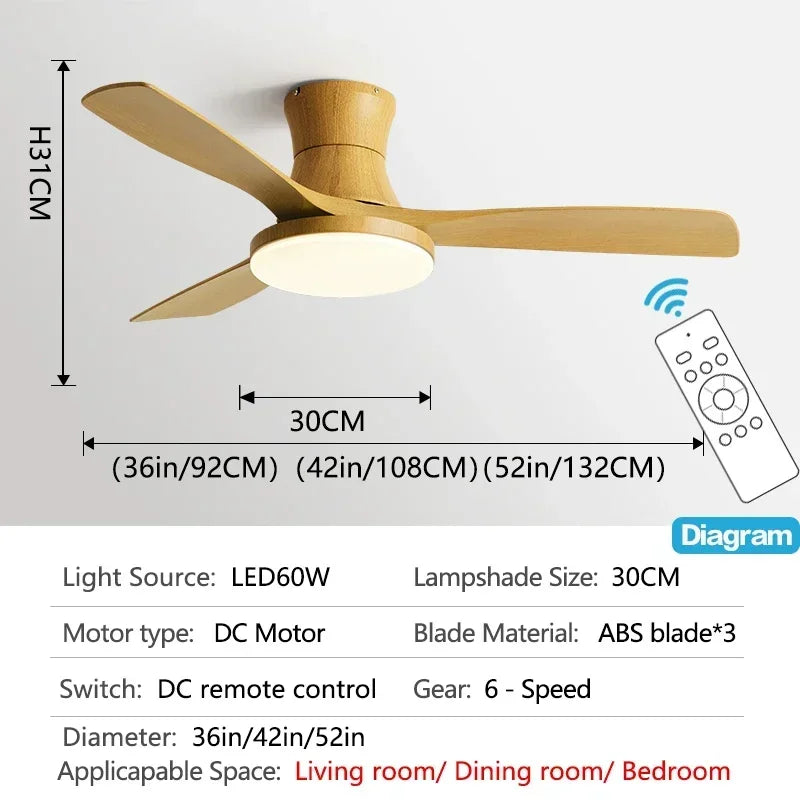 52 inch Low Floor Ceiling Fan 3 ABS Blade Ceiling Fan with Light And Remote Control Indoor Restaurant Electric Fan 110V 220V