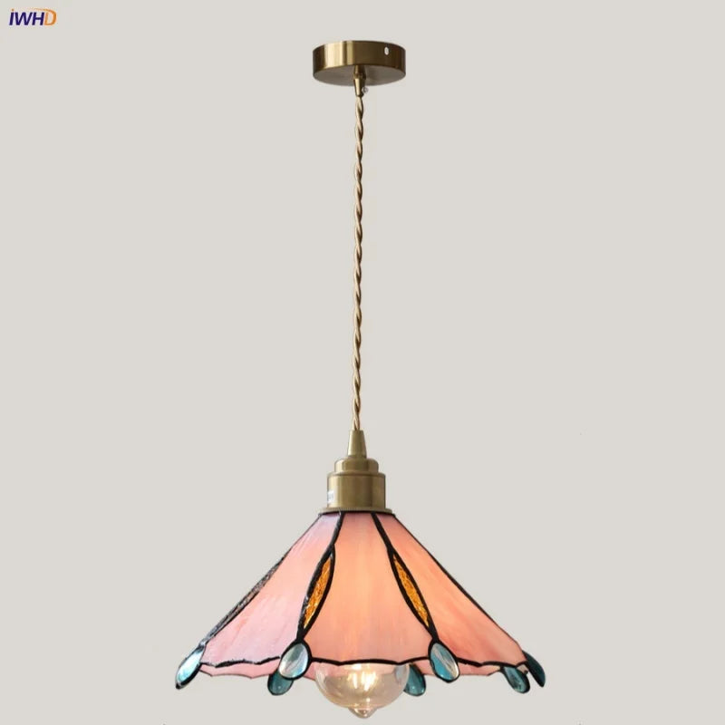 Vintage Style LED Pendant Light Fixture Hallway Balcony Coffee Pink Glass Loft Kitchen Lights Wire Adjustable Hanging Lamps