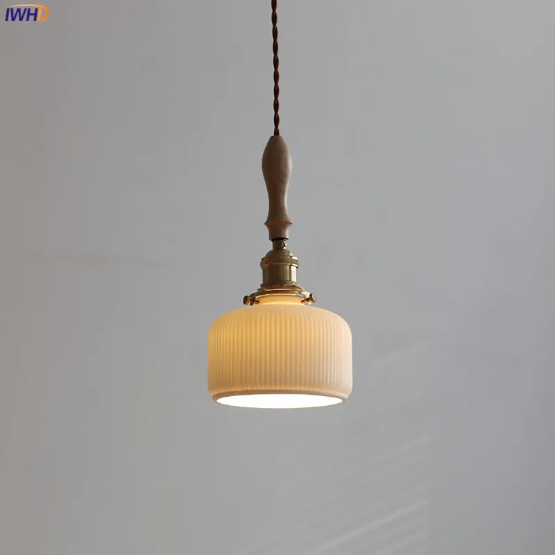 Japanese Style Copper LED Pendant Light Fixtures Ceramic Lampshade Wood Hangle Home Decor Simple Modern Hanging Lamp