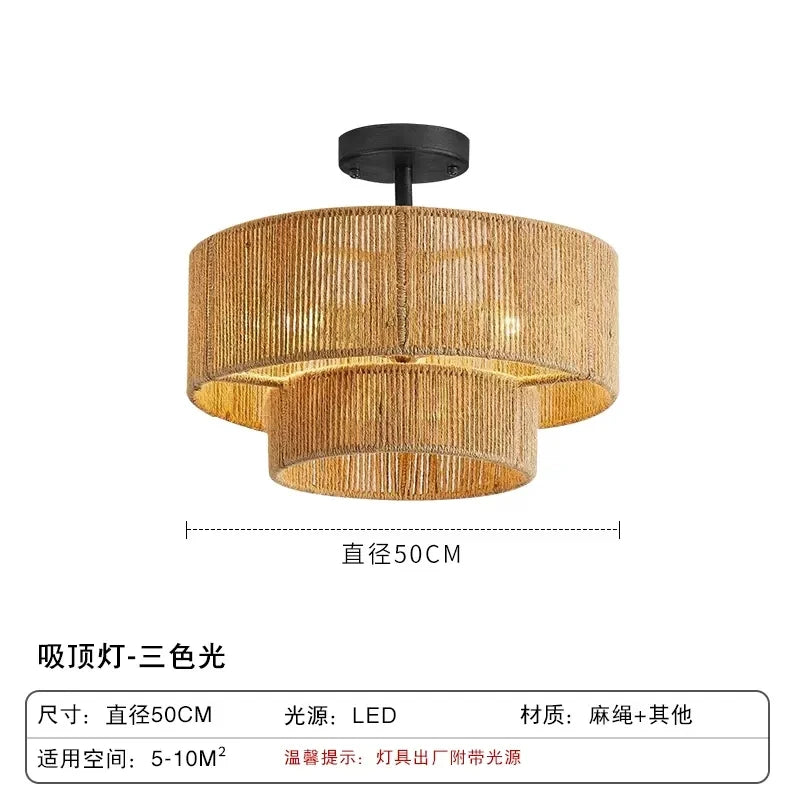 Minimalism Wabi Sabi E27 Led Pendant Lights Dining Room Retro Hemp Rope Round Ceiling Lights Restaurant Light Fixtures Led Lamp