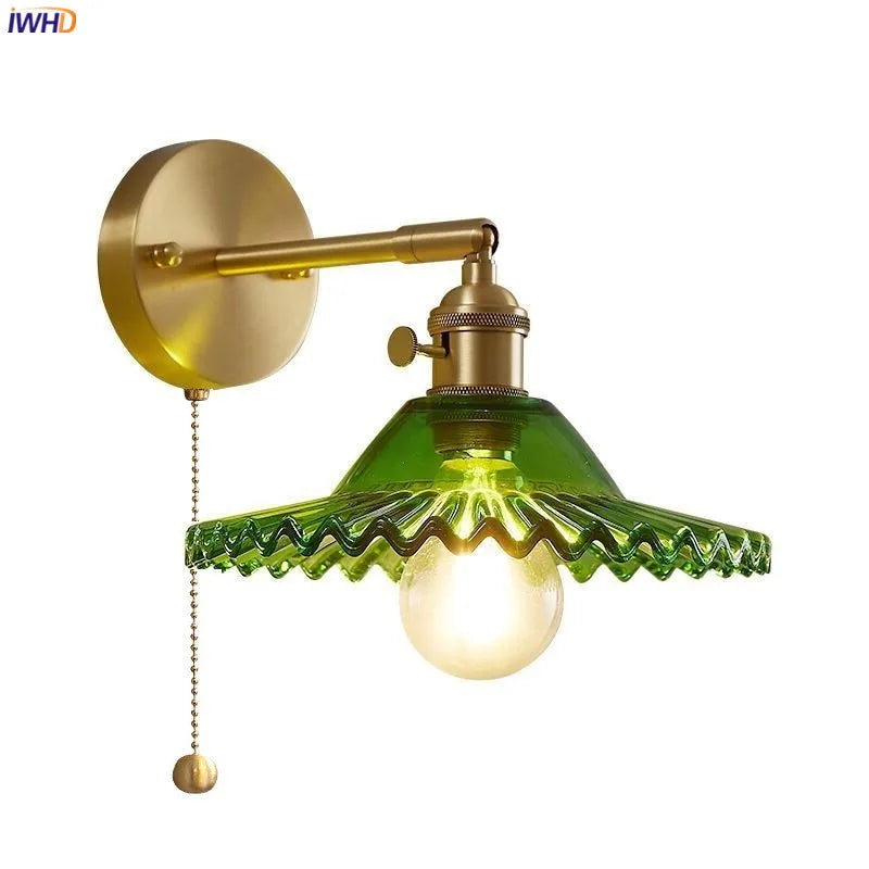 Green Glass LED Wall Light Fixtures Pull Chain Switch Copper Bedroom Bathroom Mirror Stair Nordic Modern Wandlamp Sconce