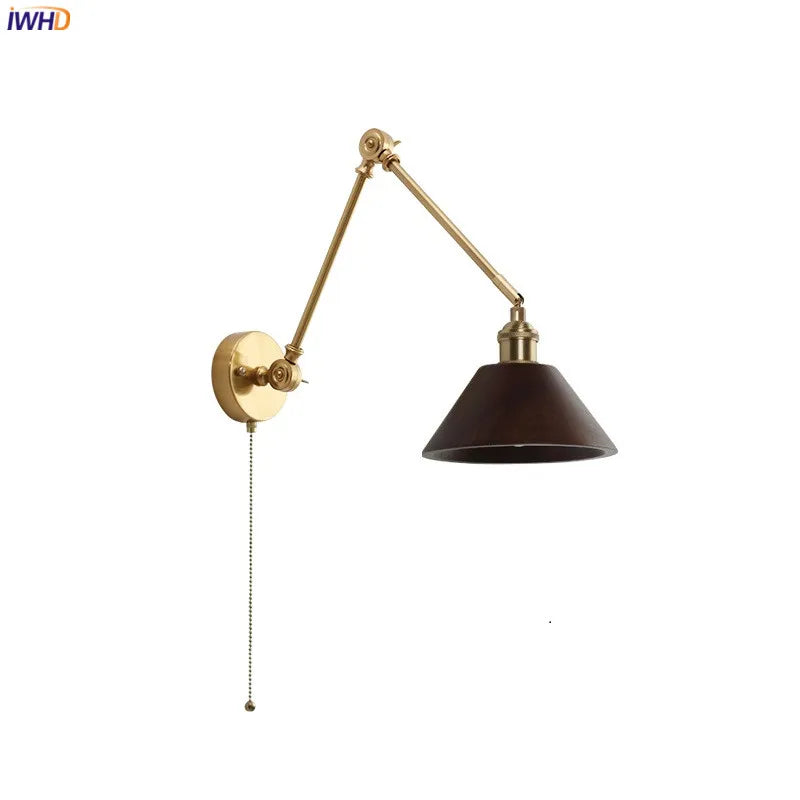 Copper Swing Long Arm LED Wall Light Sconce Pull Chain Switch Up And Down Bedroom Beside Lamp Nordic Modern Wooden Wandlamp