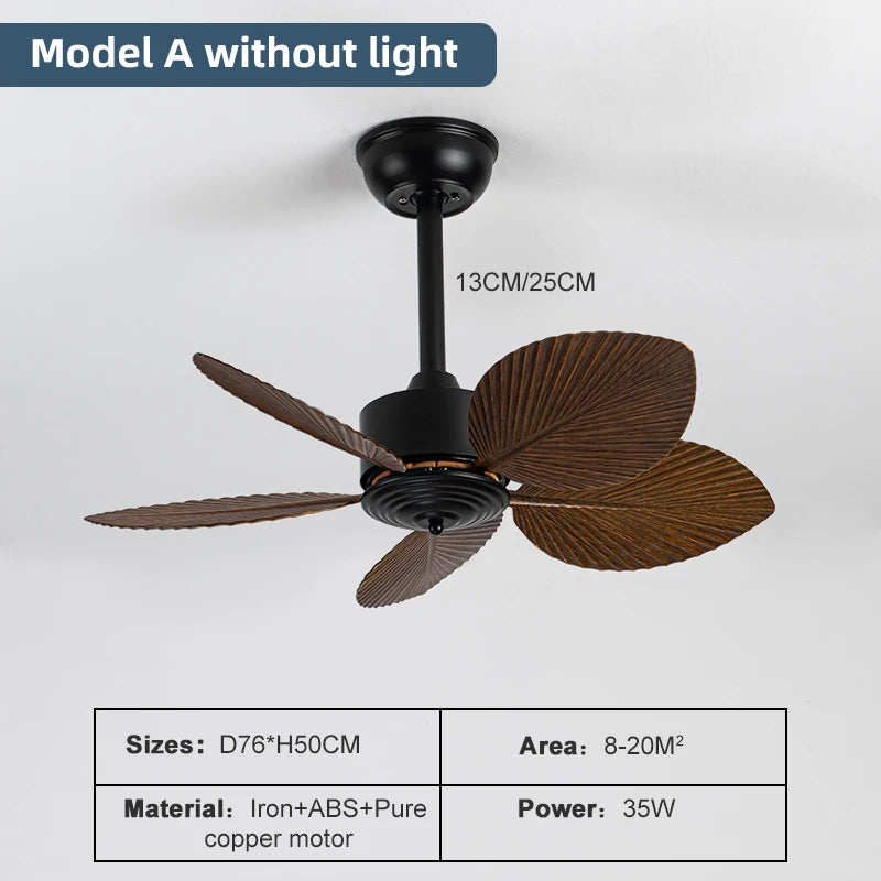 American Industrial Leaf Fan Light, Ceiling Fan for Living Room, Bedroom, Balcony, Frequency Conversion, Small Size