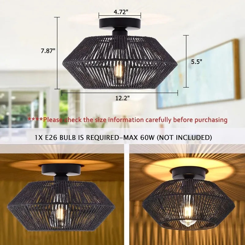 Woven Rattan Ceiling Light Fixtures Boho Semi Flush Mount Ceiling Light Hand-Woven Cage Natural Mini Chandelier Retro Light Fixt