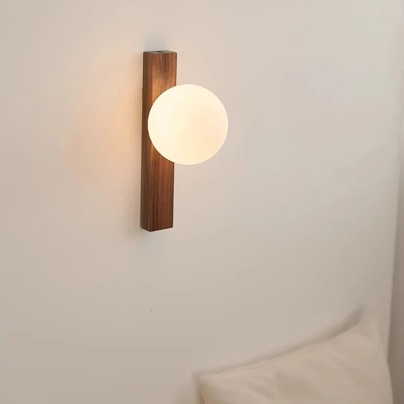 Walnut Wood Milk white Glass Sphere, Wabi-sabi Modern style, Wall light Sconces for Bedroom, Living, Aisle balcony, Bedside