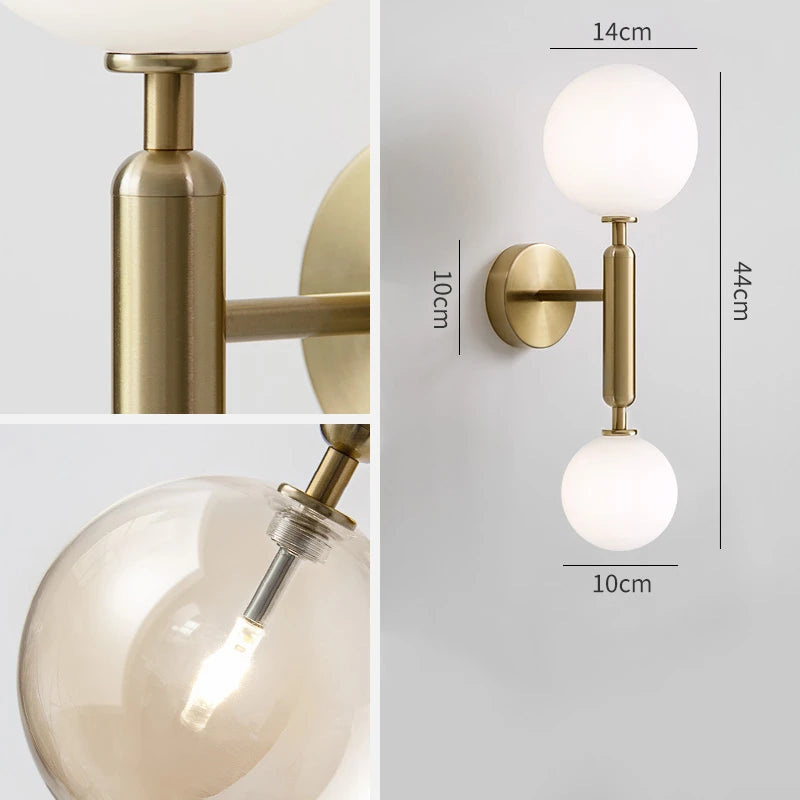 Amber Glass Ball LED Wall Light Fixtures Brass Copper G4 Bedroom Bathroom Mirror Stair Nordic Modern Beside Lamp Wandlamp