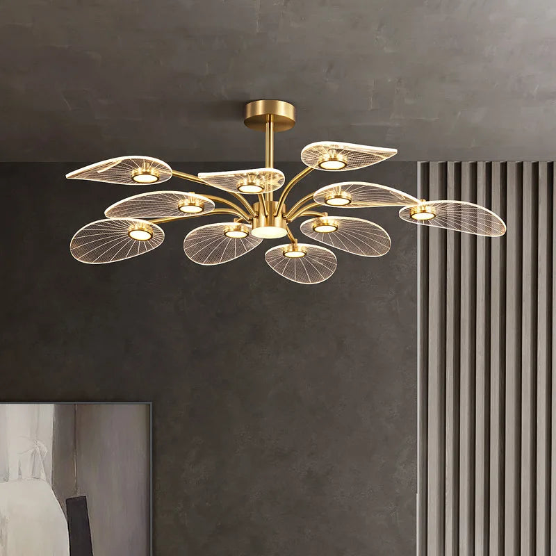 Nordic LED Ceiling Lamp Modern Copper Chandeliers for Bedroom Living Room Lotus Leaf Shape Design Home Decor Lighting Fixture