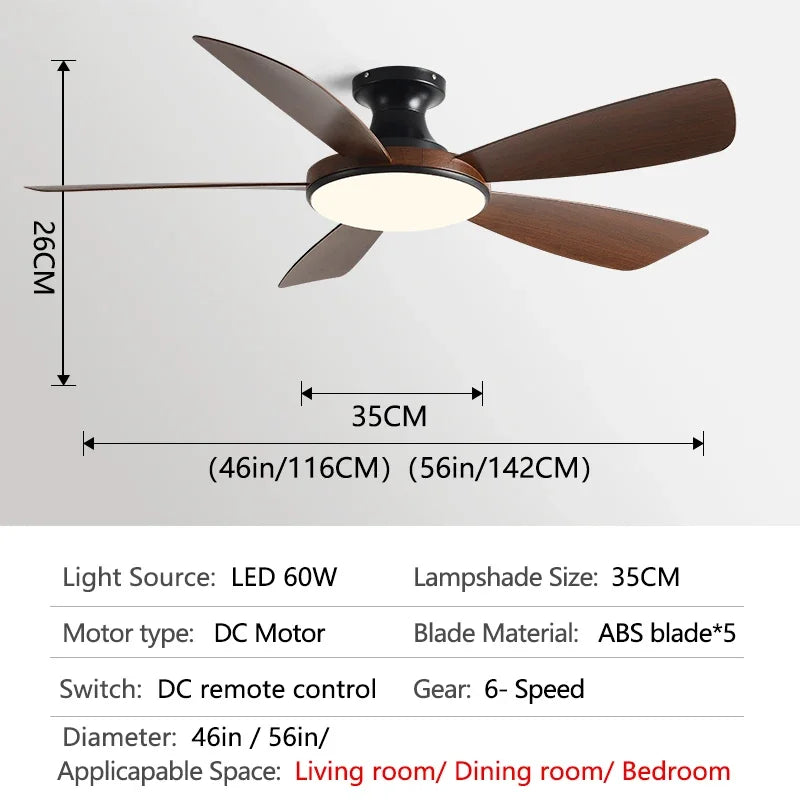 56Inch Low Floor Ceiling Fan with Light 5 blade DC motor Remote control electric fan for Living room, bedroom Restaurant fan