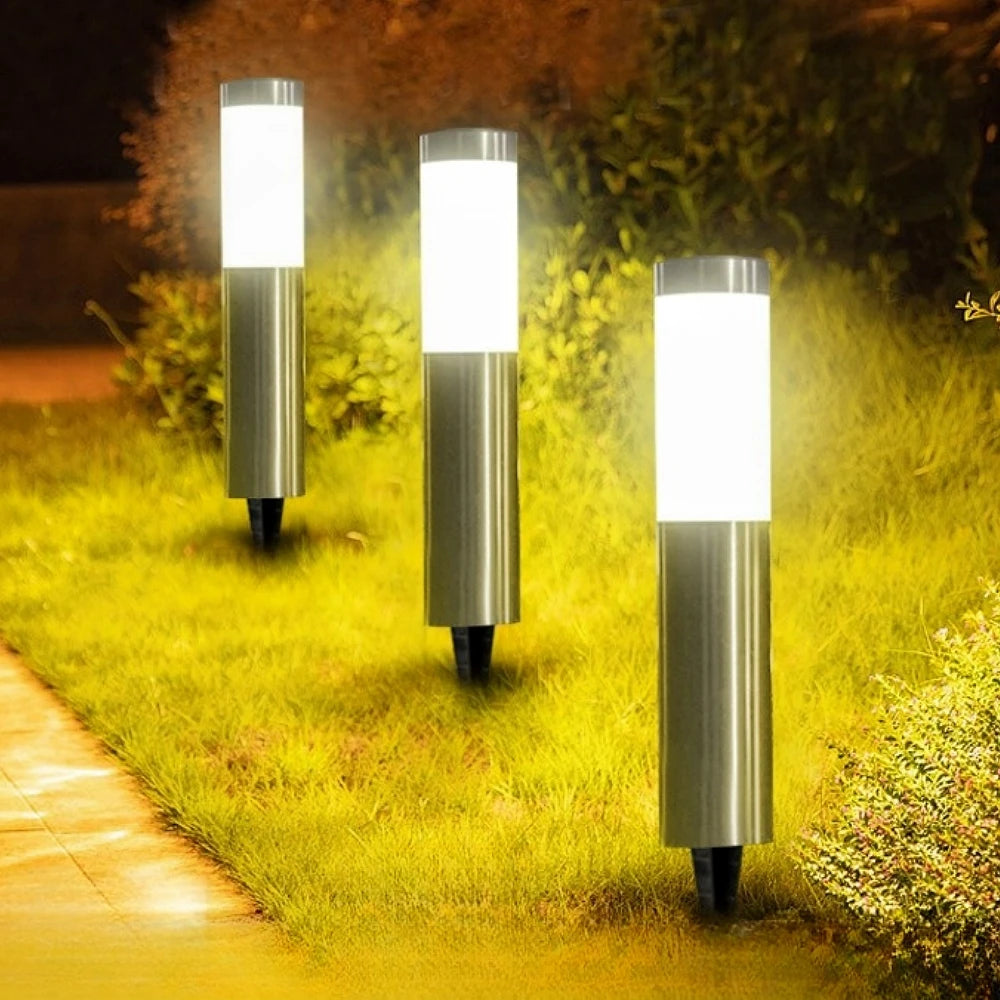 Solar Stainless Steel Pathway Light Large LED Courtyard Outdoor Garden Cylindrical Outdoor Waterproof Lawn Light Lamps