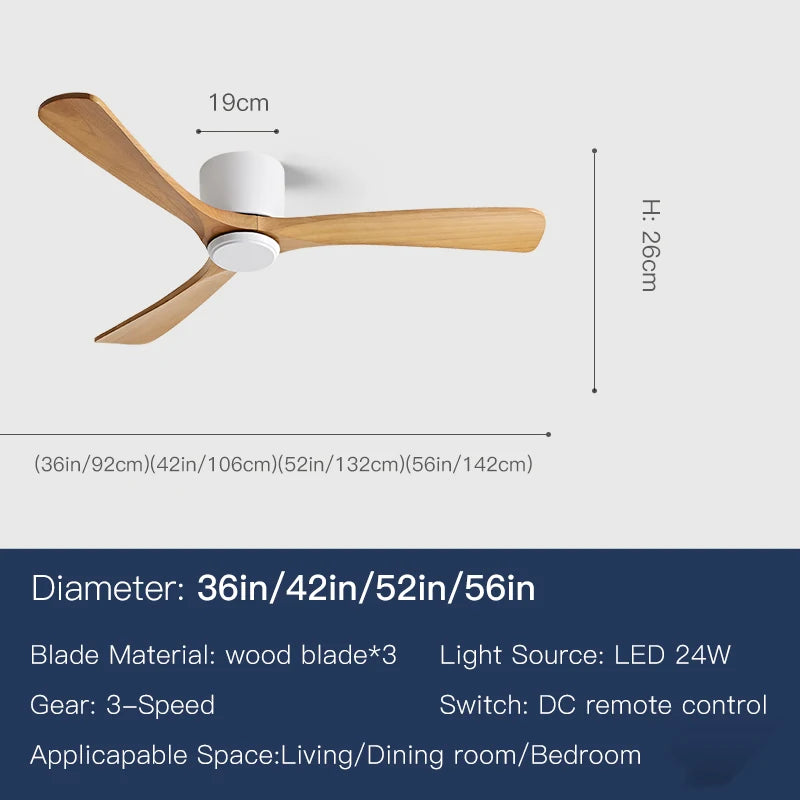 36 42 52 56 Inch Ceiling Fan Lights 3 Speed Adjustable Hardware Solid Wood Remote Control Ventilator for Living Room Bedroom