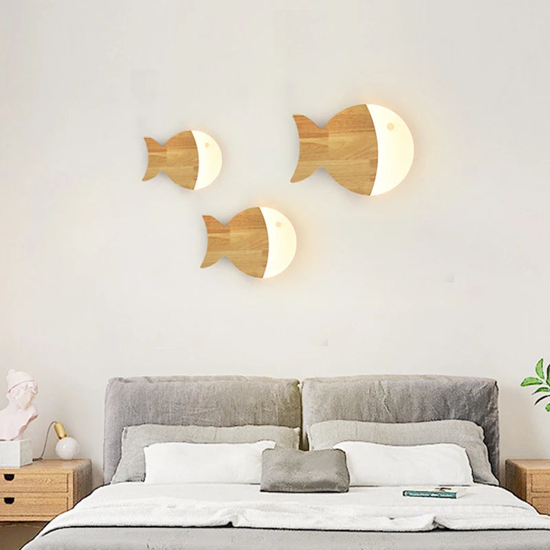 Creative Fish Wall Lights Sconce for Boy Girl Child Room Bedroom Kids Lamp Nordic Modern Led Home Decor Wood Lighting Fixture