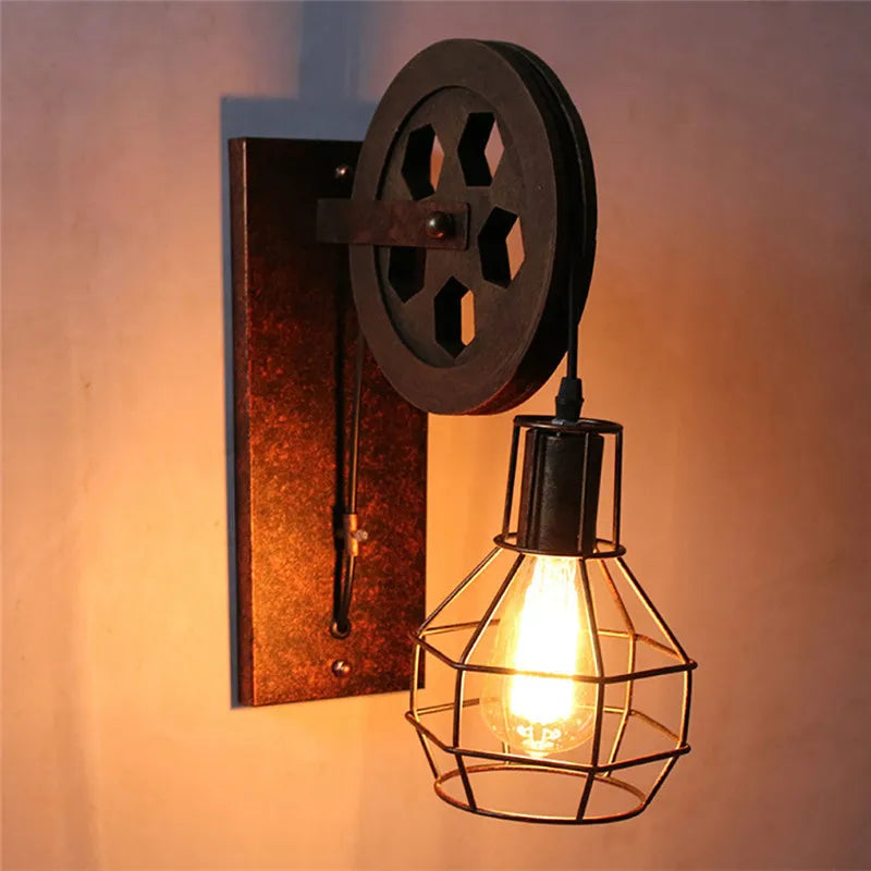 Industrial Loft Wall Light Lifting Pulley Hanging Wall Light Vinatge Iron Cage Sconce for Bar Restaurant Indoor Decor Lighting