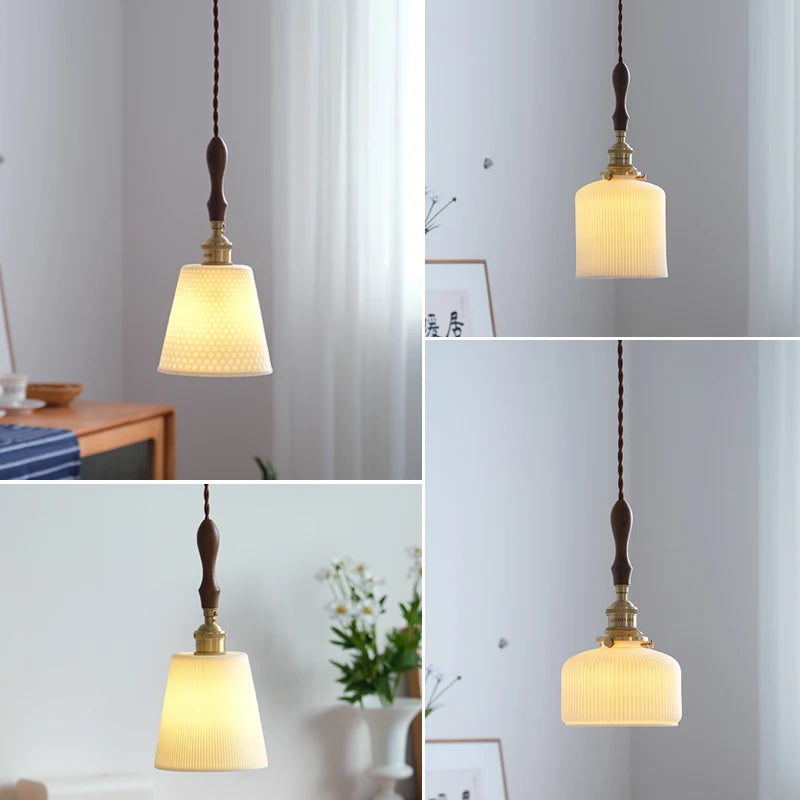 Hanglamp Wood Handle LED Pendant Lighting Fixtures Home Bedroom Living Room Light Nordic Modern Ceramic Copper Haning Lamp