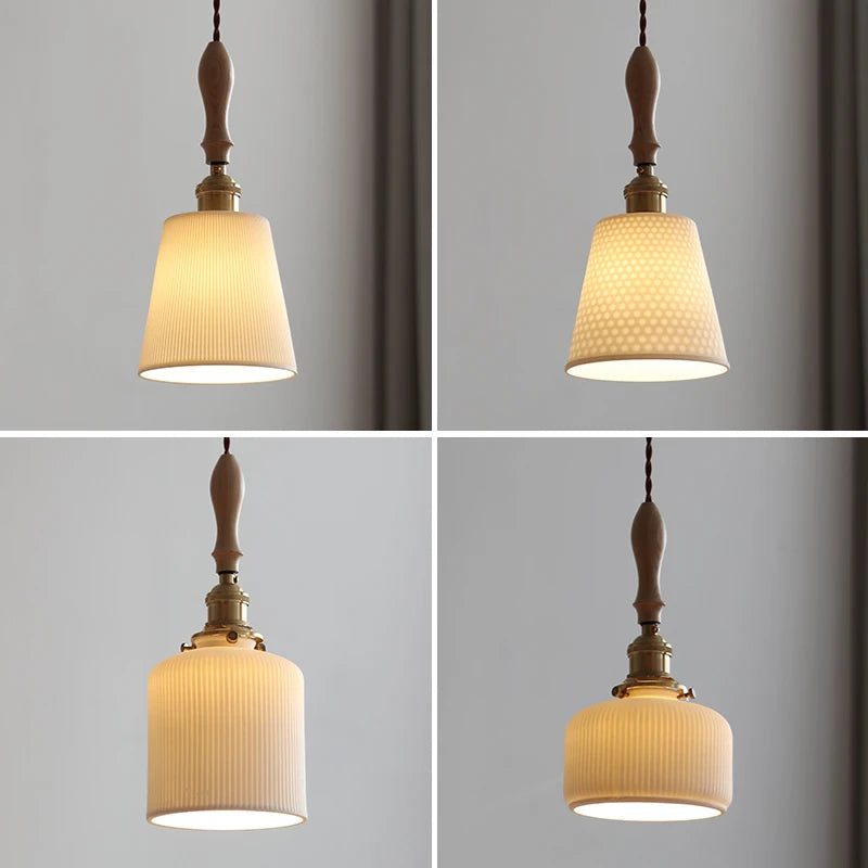 Japanese Style Copper LED Pendant Light Fixtures Ceramic Lampshade Wood Hangle Home Decor Simple Modern Hanging Lamp