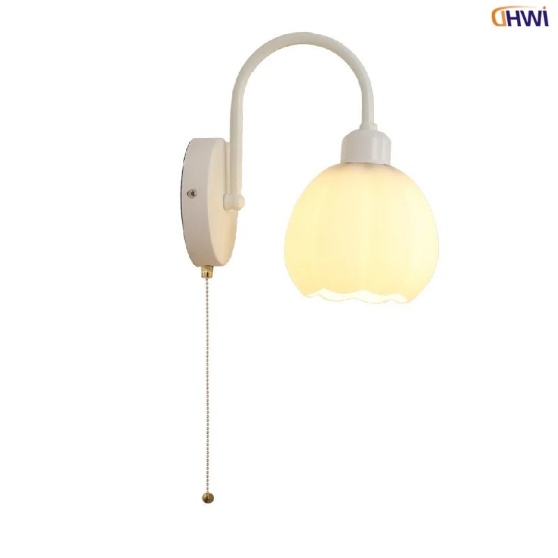 White Glass LED Wall Lights Fixture Bar Porch Dining Room Modern Simple Pull Chain Switch Bedside Lamp Iron Stair Light