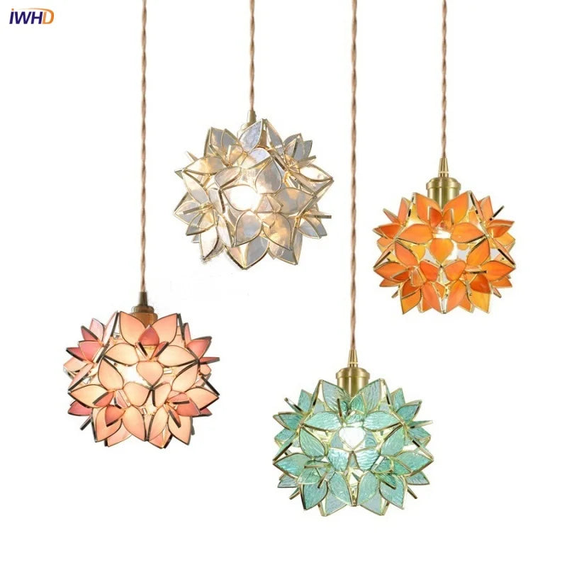 Home Decor LED Pendant Lamp 200cm Wire Adjustable Flower Glass Dining Room Lights E27 Copper Hanging Light Fixture Lamparas