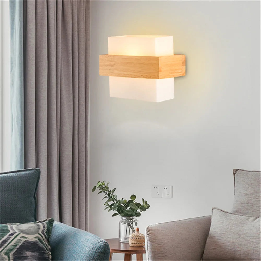 Modern Wall Lamp Japaniese Style Bedside Wood Glass Lampshade Bedroom Sconce for Aisle Corridor Restaurant Background Wall Light