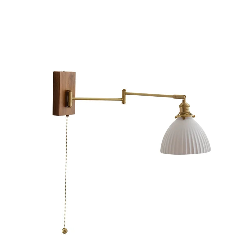 Walnut Canopy Copper LED Wall Lamp Beside Long Arm Left Right Rotate Ceramic Lampshade Bedroom Living Room Stair Light