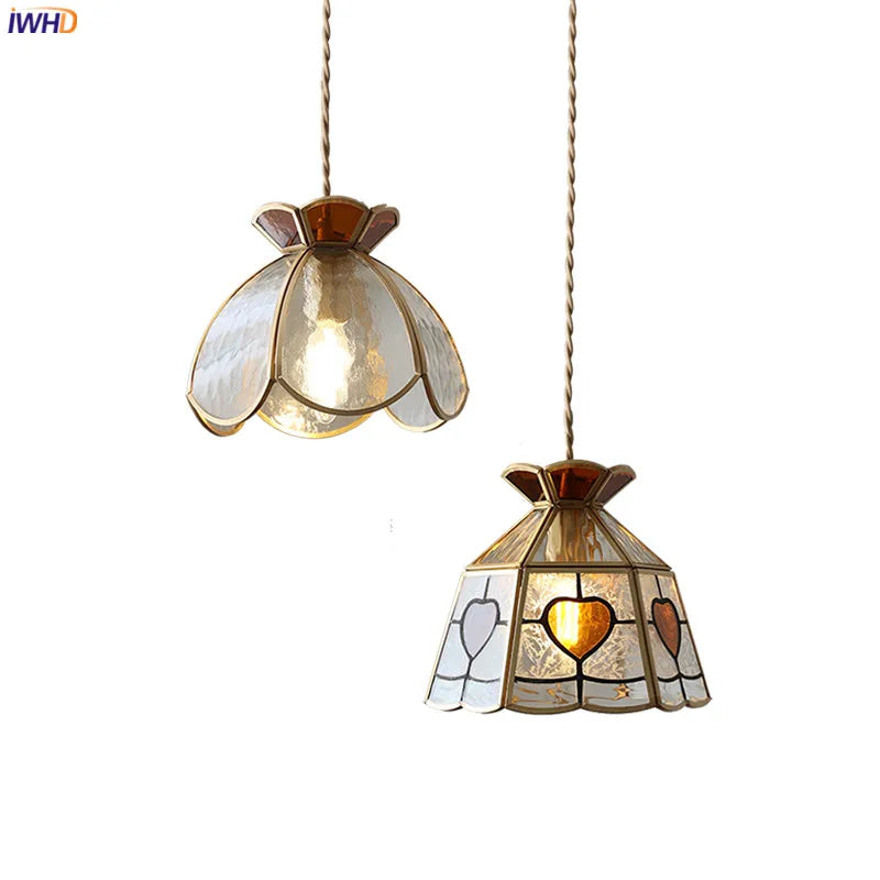 America Vintage Copper LED Hanging Lamp Glass Lampshade By Hand Cafe Restaurant Bedroom Nordic Modern Pendant Lights