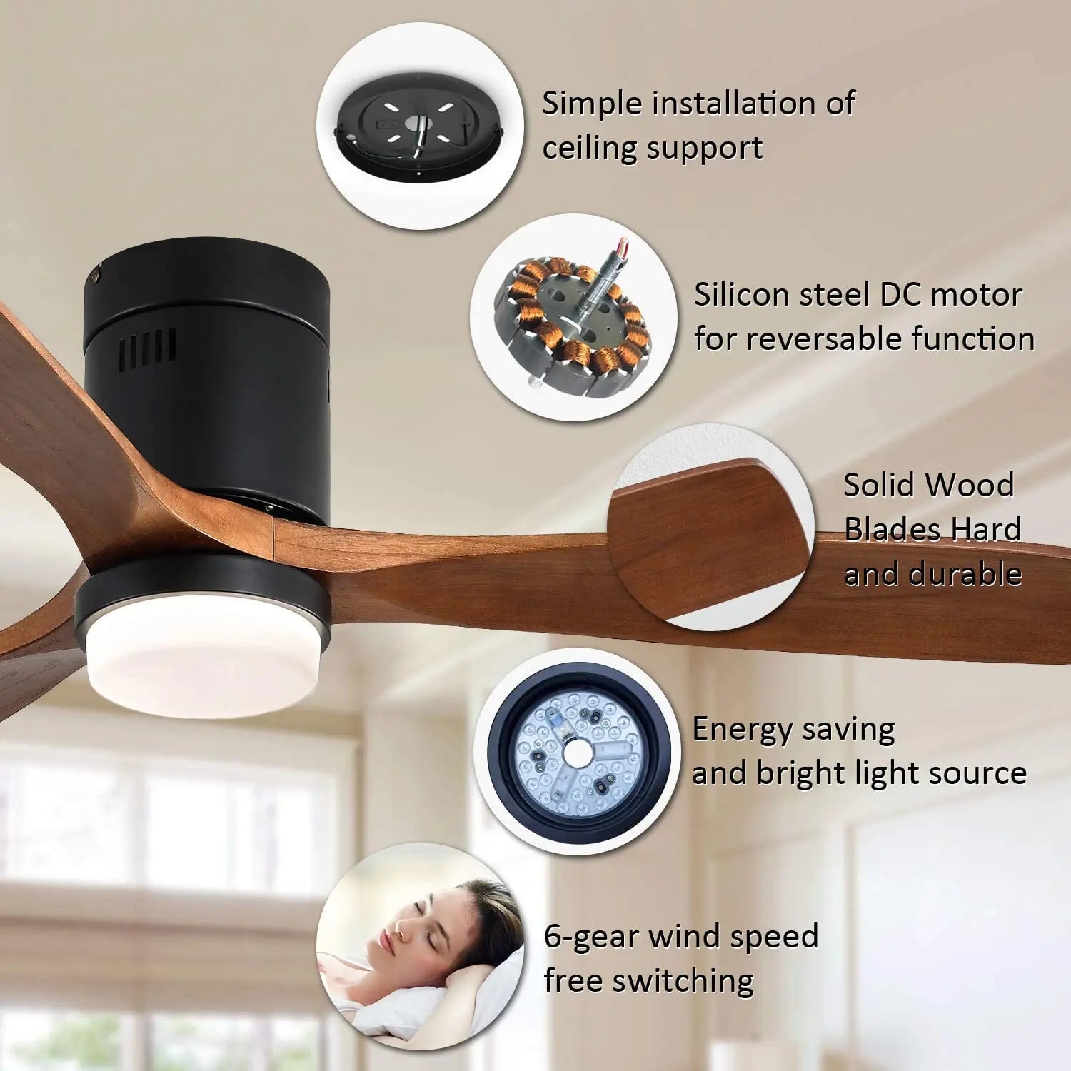 Ceiling Fan with Light Low Profile Ceiling Fan with Remote Control 52'' indoor DC Ceiling Fan 3 Walnut Wood Blades Noiseless