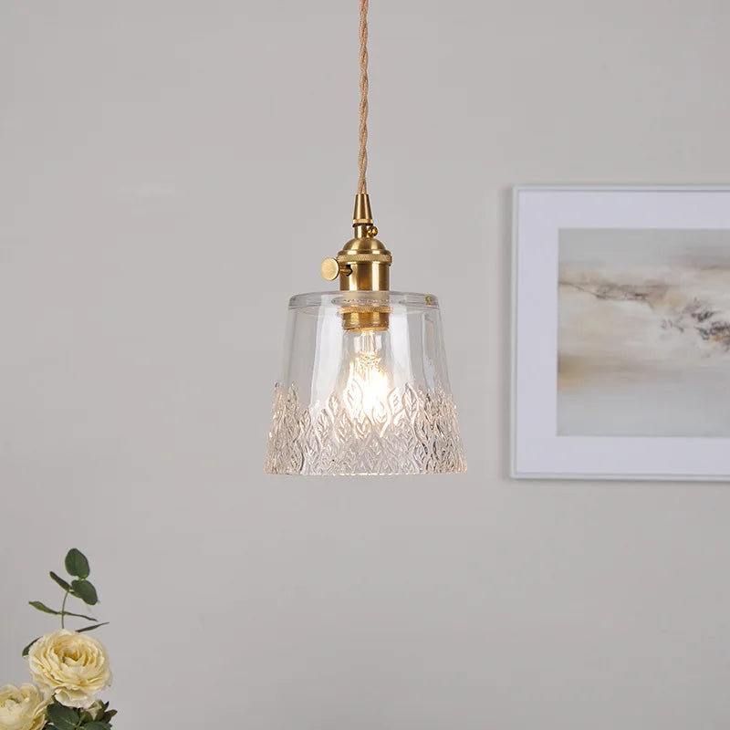 Clear Leaf Glass LED Pendant Lamp Copper Knob Switch Dining Room Lights Wire Adjustable Nordic Modern Kitchen Light Fixture