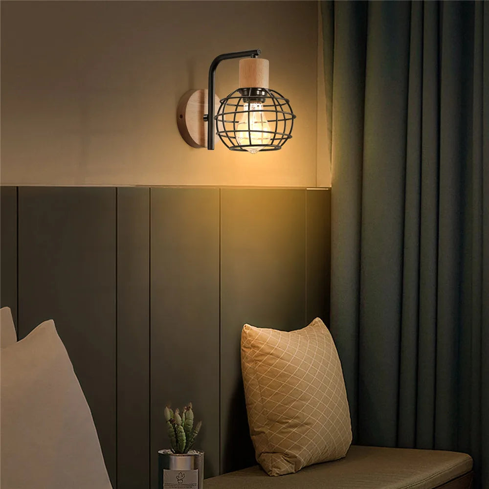 Industrial Retro Wood Wall Lamp Round Iron Cage Vintage Indoor Lighting Fixture for Bedroom Stair Aisle Corridor Porch Sconces