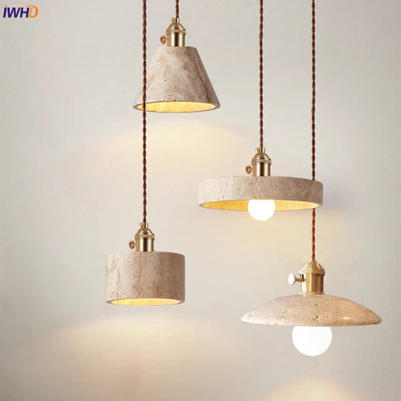 Natural Yellow Travertine Pendant Lamp E27 Socket LED Pendant Light Fixtures With Switch Home Decor Bedside Cafe Lamparas