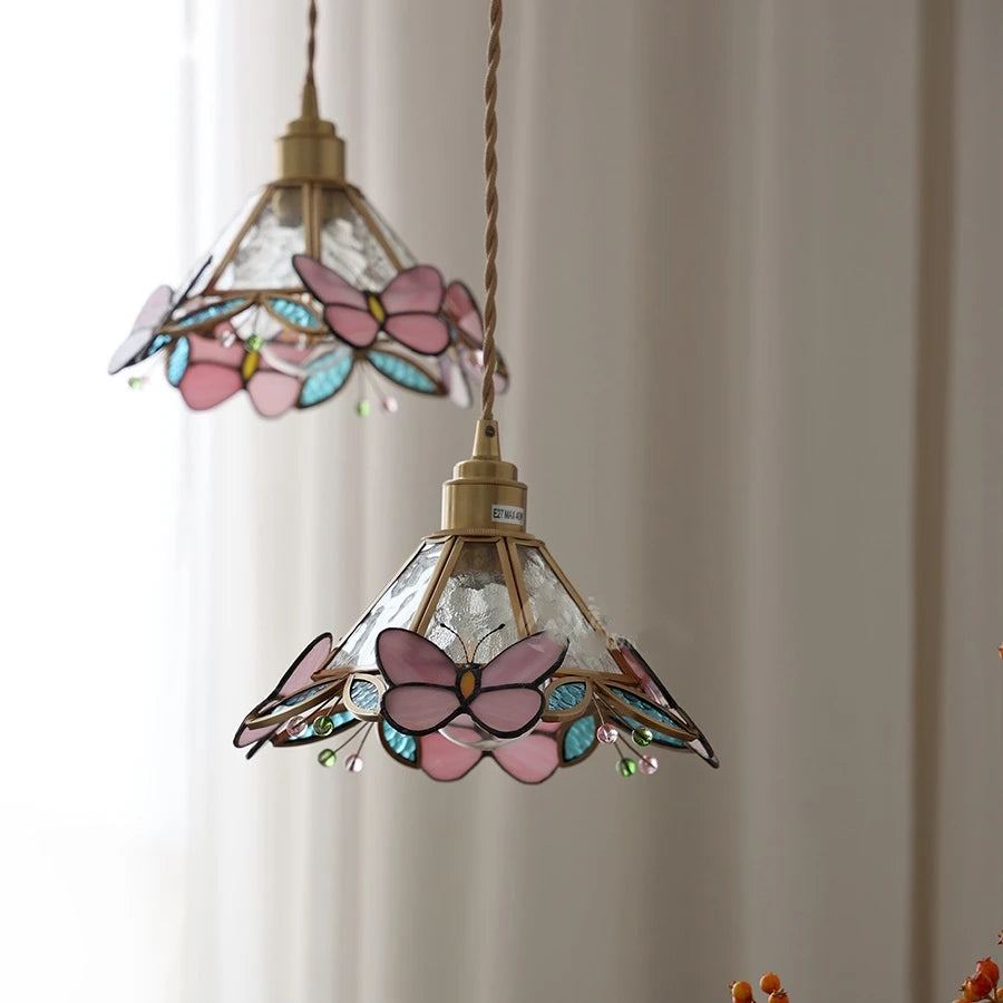 Butterfly Glass Copper LED Pendant Lamp Beside Home Indoor Decor Bedroom Bar Restaurant Living Room Light Modern Hanglamp