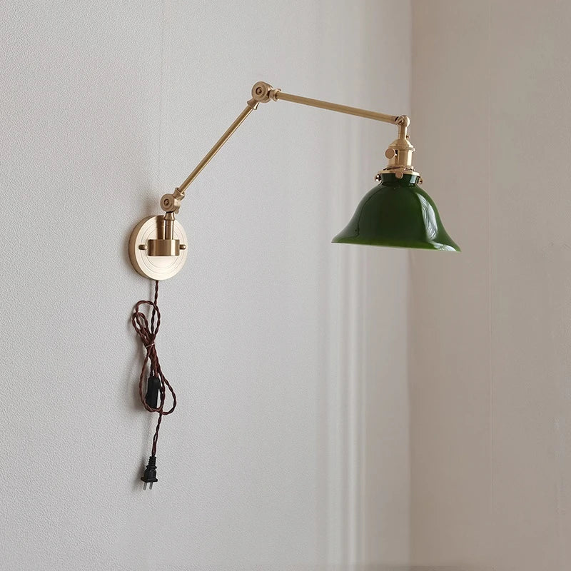 Left And Right Rotate Copper Wall Lamp Beisde Swing Long Arm Green White Lampshade Nordic Modern Wandlamp Lighting