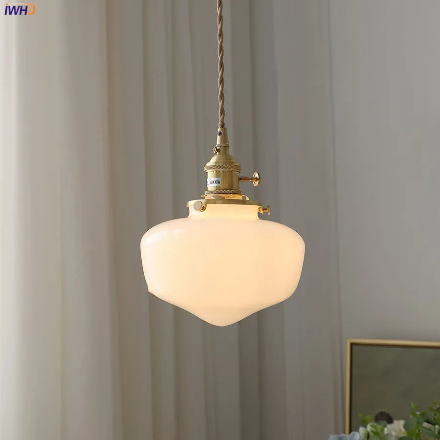 Milky Glass Nordic LED Pendant Lights Fixtures Japanese Style Vintage Copper Beside Bedroom Lving Room Modern Hanging Lamp