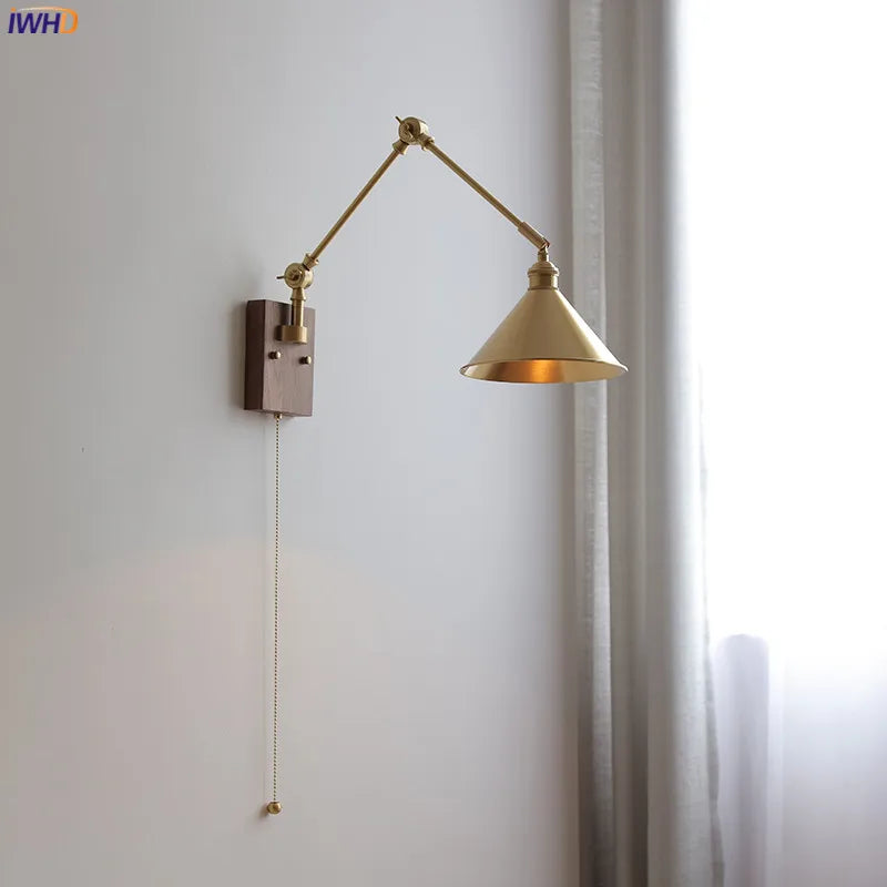 Pull Chain Switch LED Wall Light Fixtures Copper Long Arm Walnut Home Indoor Lighting Nordic Modern Wandlamp Luminaria