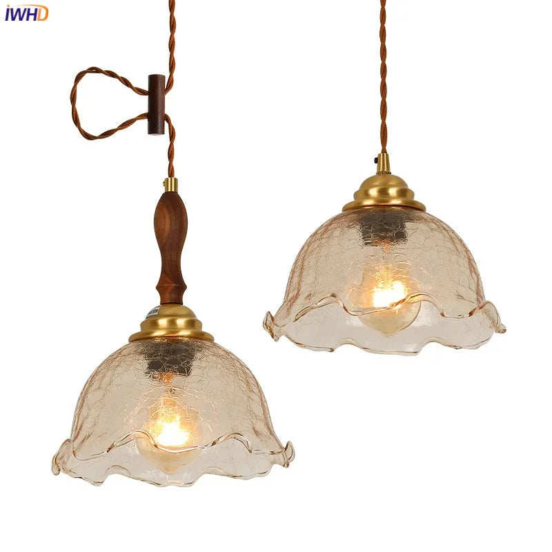 New Cracked Glass LED Pendant Lights Fixtures Bedroom Dinning Living Room Bar Coffee Copper Wooden Nordic Hanging Lamp