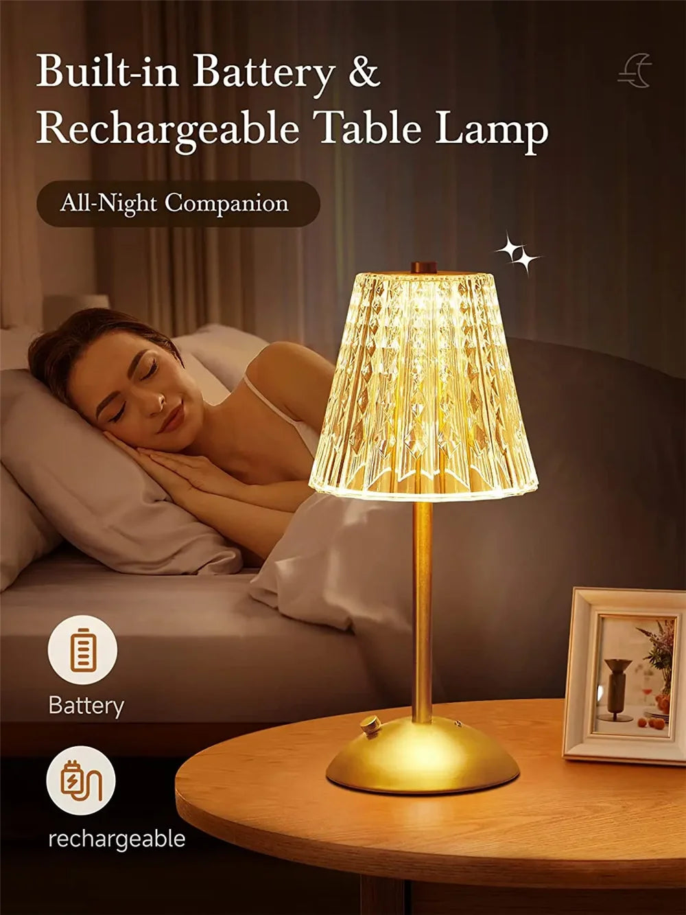 Crystal Table Lamp Trichromatic Dimming Living Room Atmosphere Lamps Eye Protection Night Light Bedroom Cordless Bedside Lamps