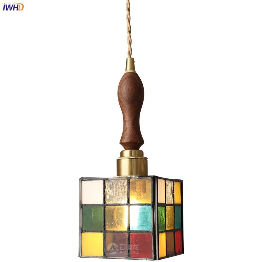 Colorful Square Glass LED Hanging Light Copper Socket Bedroom Cafe Bar Stair Home Indoor Lighting Modern Pendant Lamp