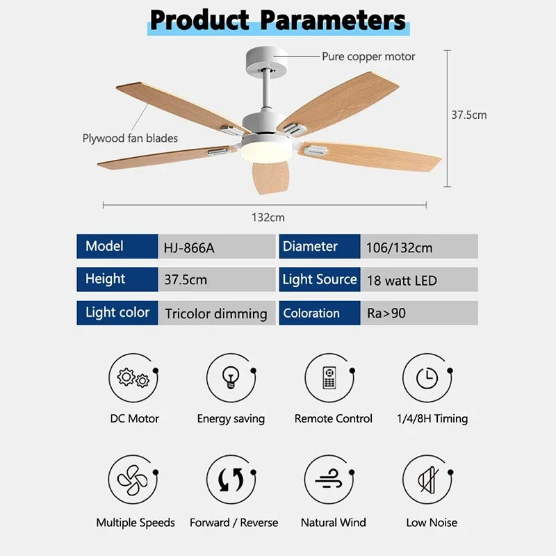 42/52inch 3/5 wood blade DC 35W pure cooper Motor ceiling fan wiht 18W LED Light and Remote Control Restaurant fan