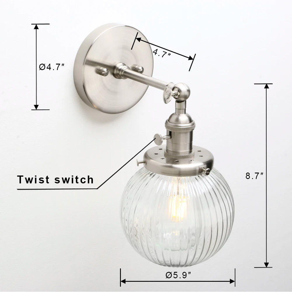 Industrial Wall Sconce Lighting Fixture with Mini 5.9" Round Clear Globe Ribbed Glass Shade (Chrome)